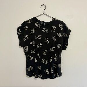 VINTAGE 90s Tribal Print Sheer Silky Cap Sleeve Fitted Blouse (Black, XS-S)